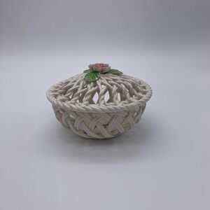 LEVANTE Porcelain Woven Basket Bowl With Lid & Pink Flower Signed Alejandro 89